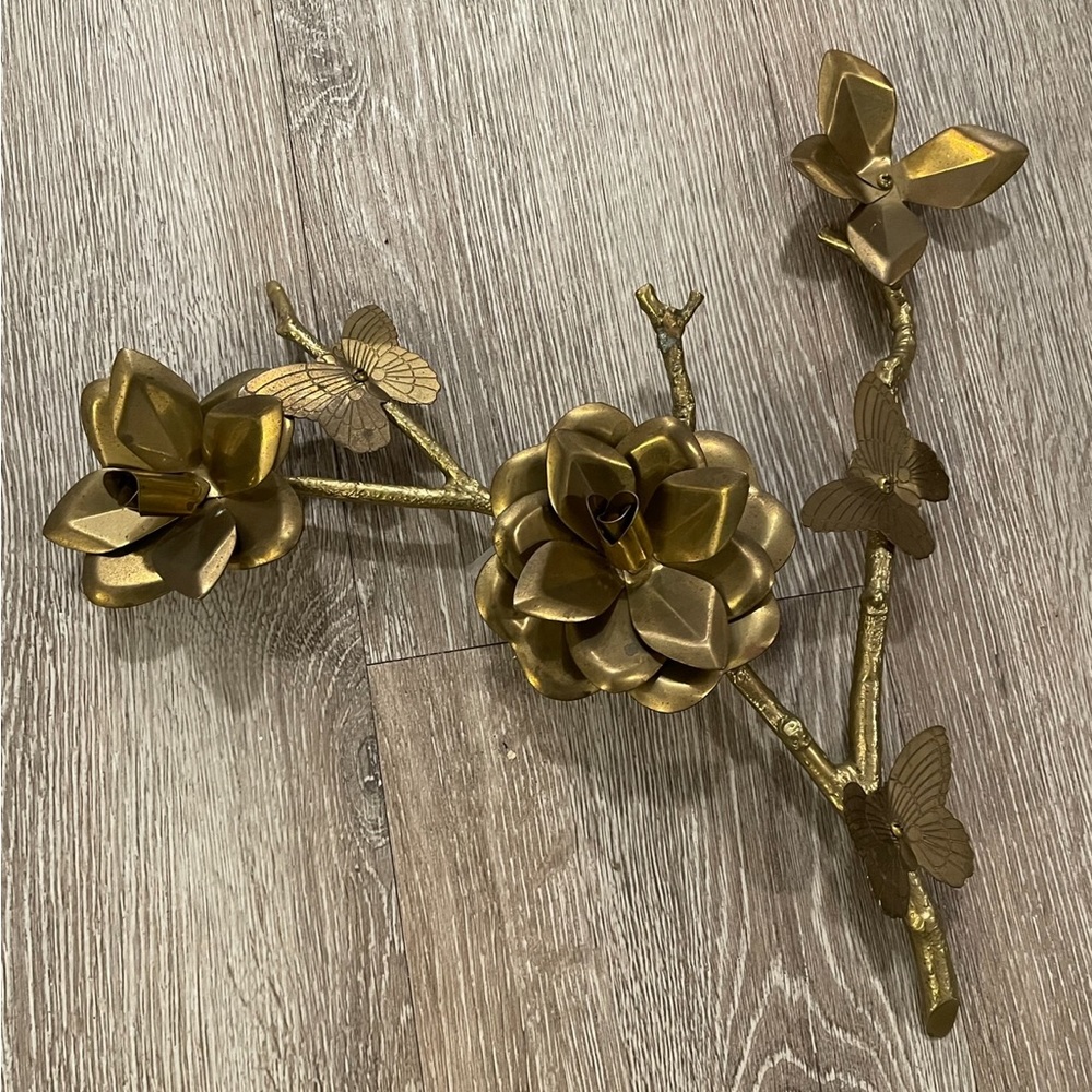 Vintage Solid Brass Flower Buds, Petals & A Butterflies on a Branch Wall Hanging